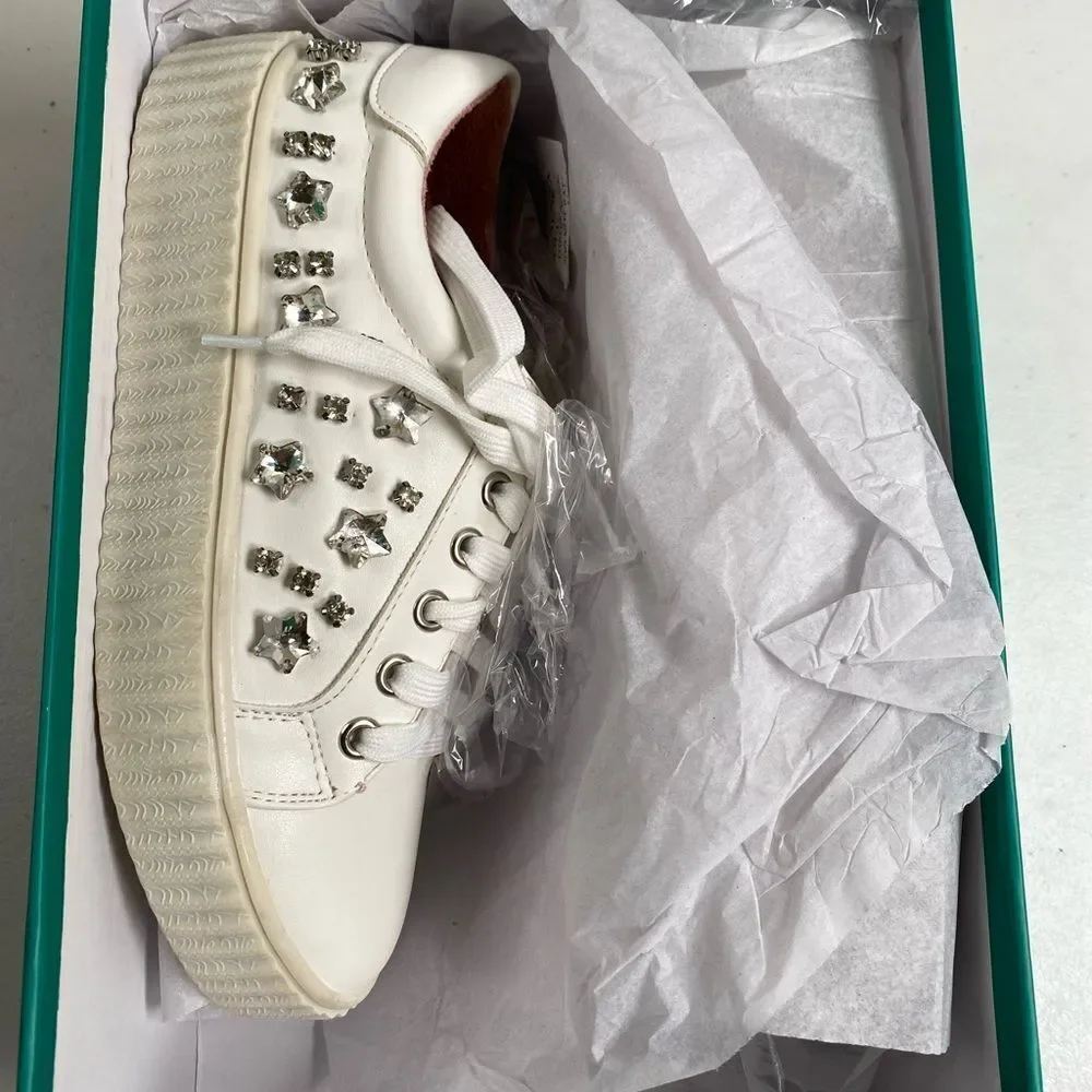 NIB Lauren Lorraine Girls White “Pam” White Rhinestone Lace Up Sneakers Size 5.5